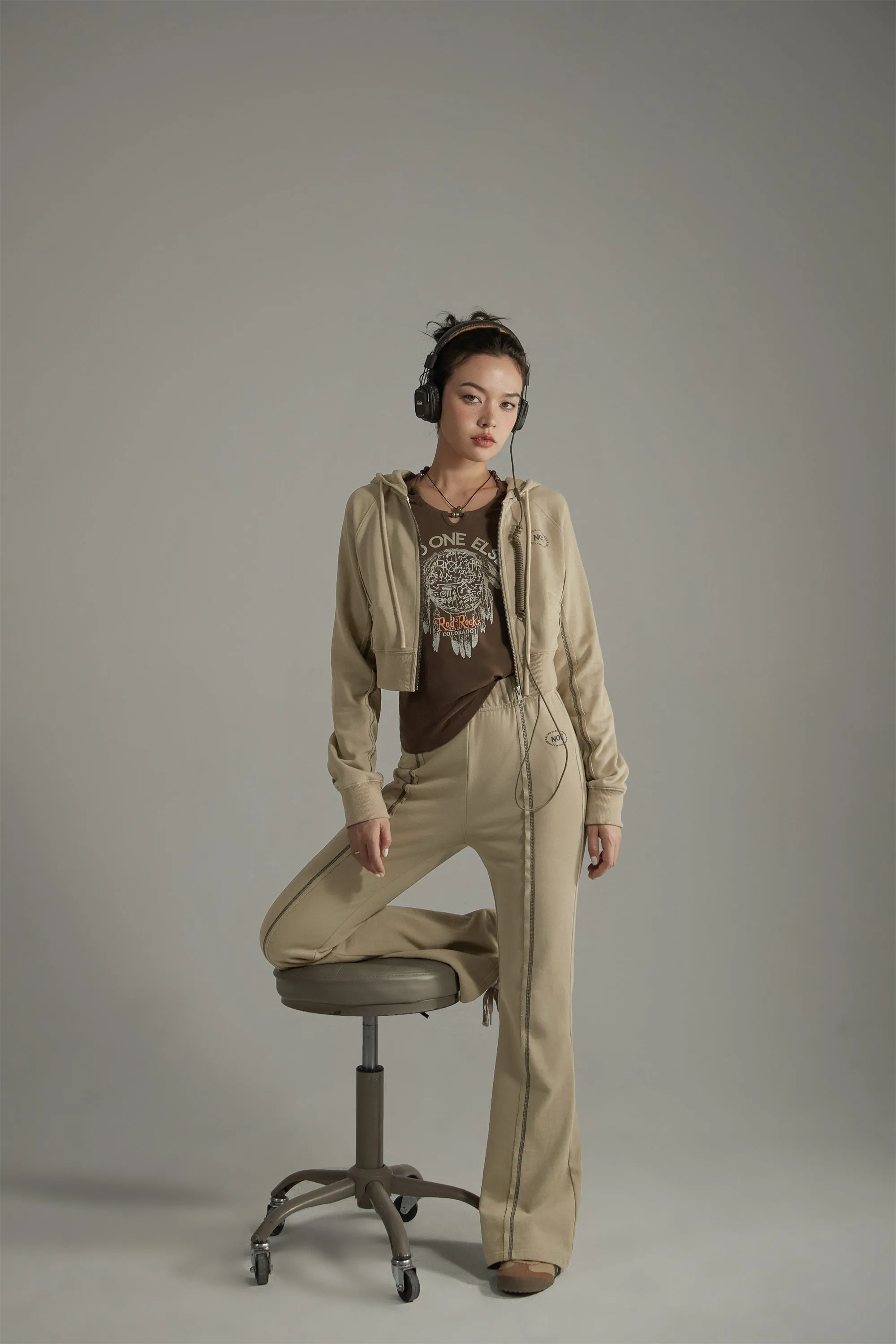 Elastic Waist Stitch Cotton Bootcut Pants