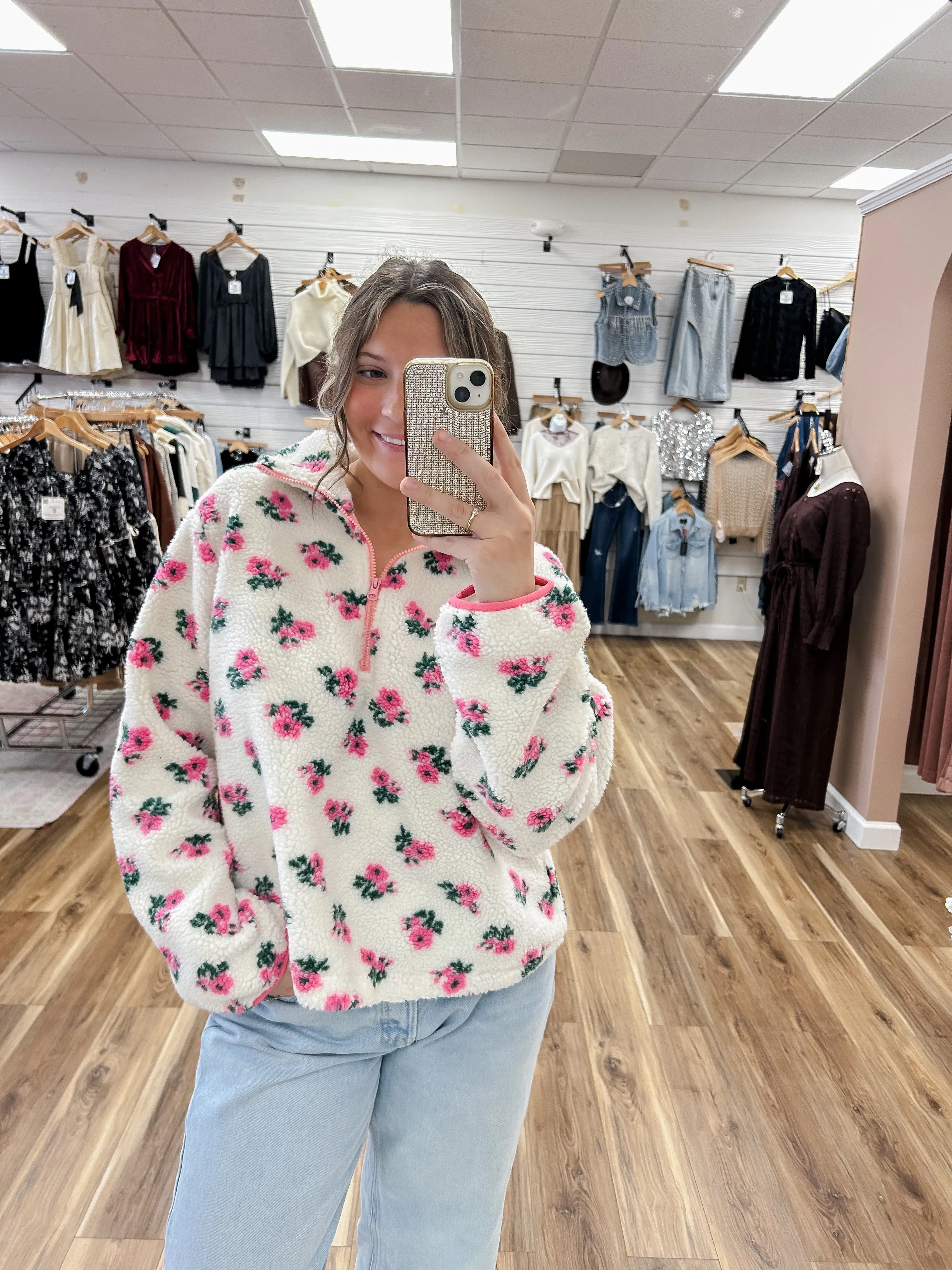 Floral Half Zip Fleece Pullover