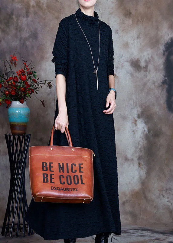 French Navy Turtleneck Circle asymmetrical design  Fall Long sleeve Long Dresses