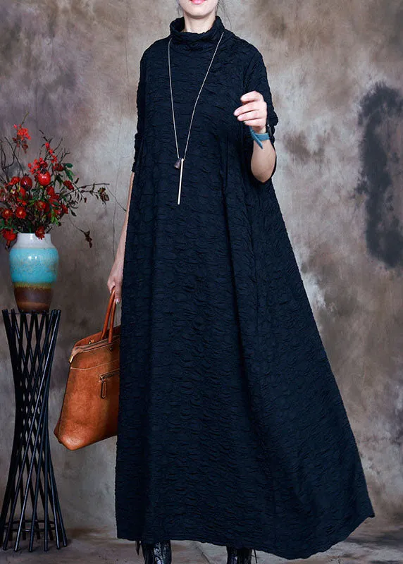 French Navy Turtleneck Circle asymmetrical design  Fall Long sleeve Long Dresses
