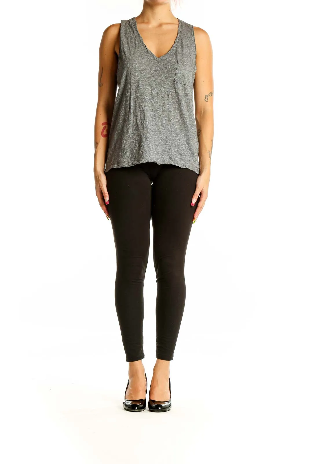 Gray Cotton V-Neck Tank Top