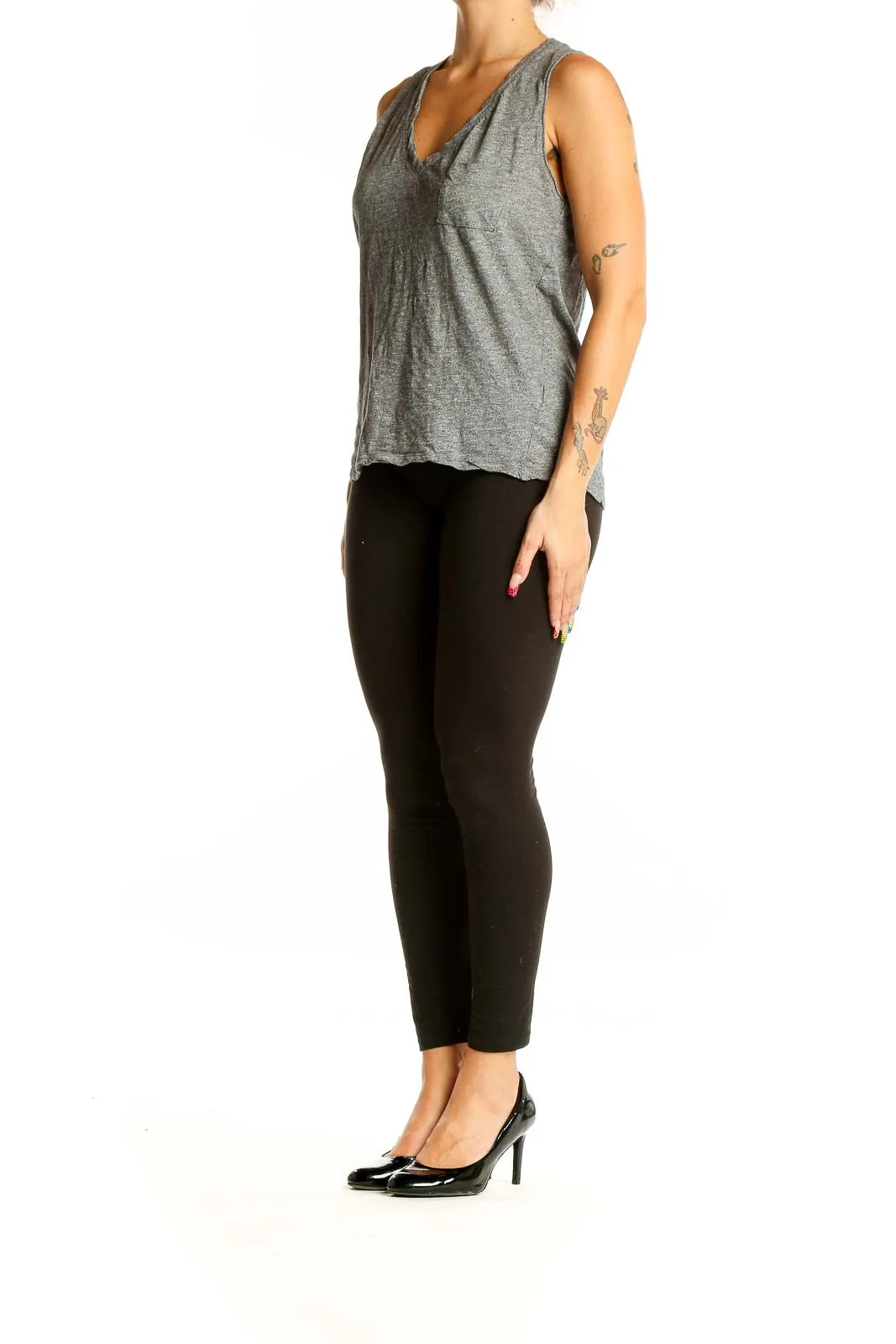Gray Cotton V-Neck Tank Top