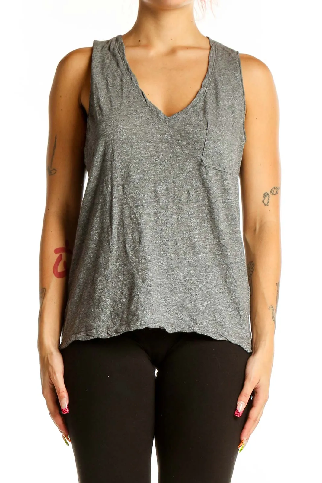 Gray Cotton V-Neck Tank Top