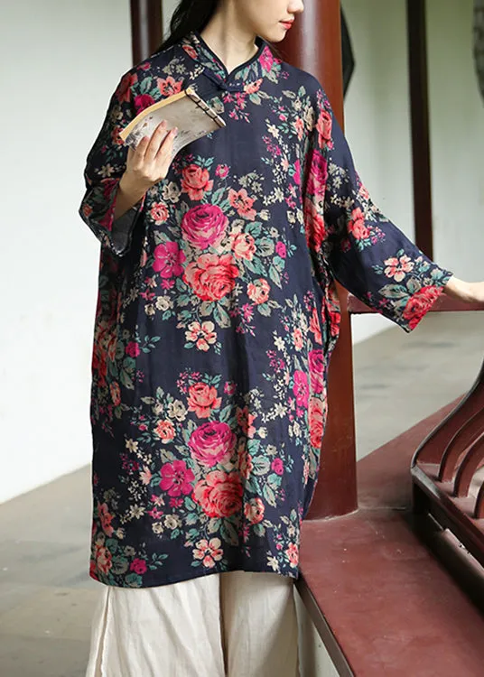 Loose Navy Print Button Patchwork Cotton Dresses Long Sleeve ML0086