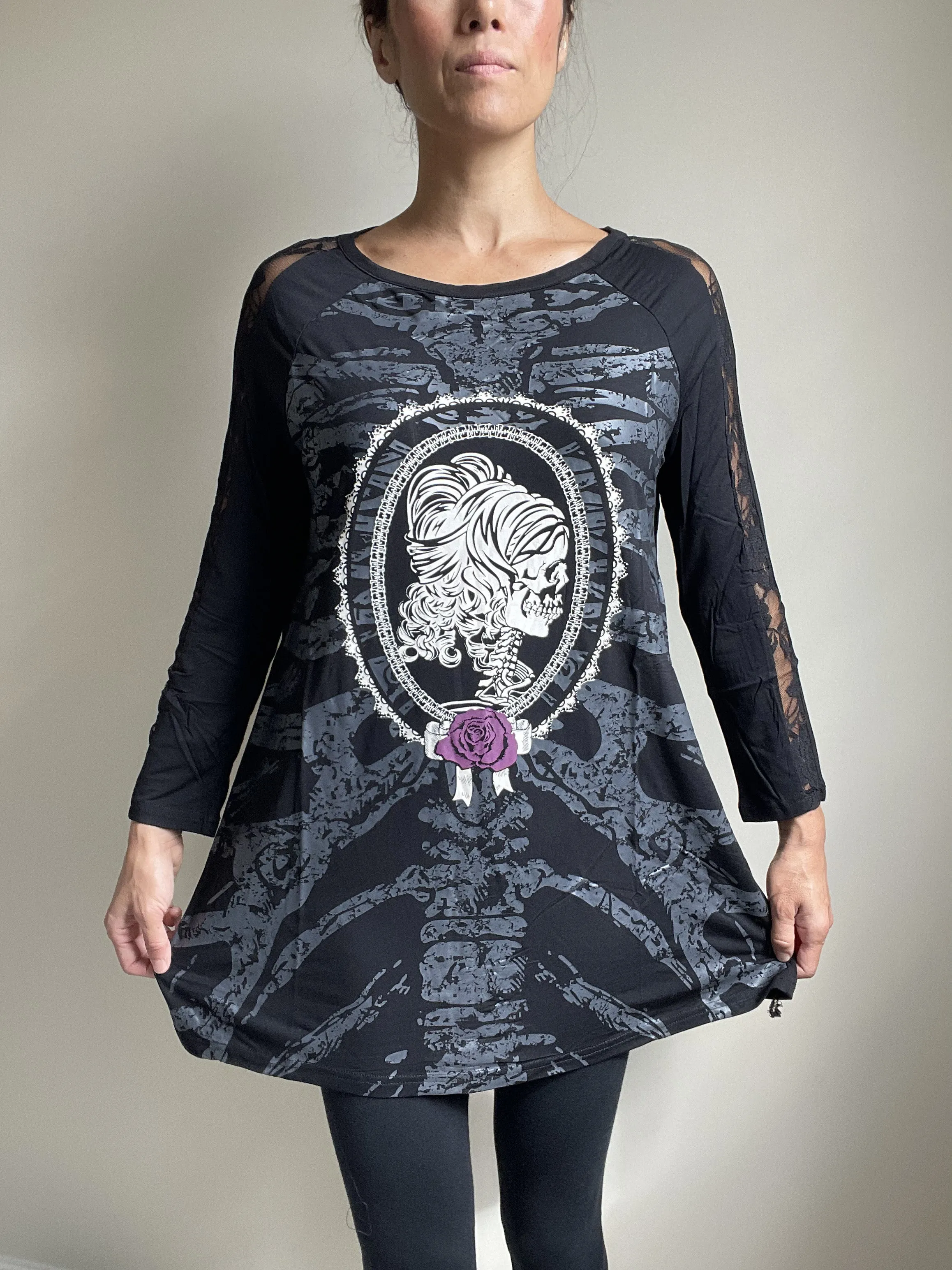 Lost Queen Gothic Skeleton Ribcage with Skull Lady Print Flared Long Sleeve Top