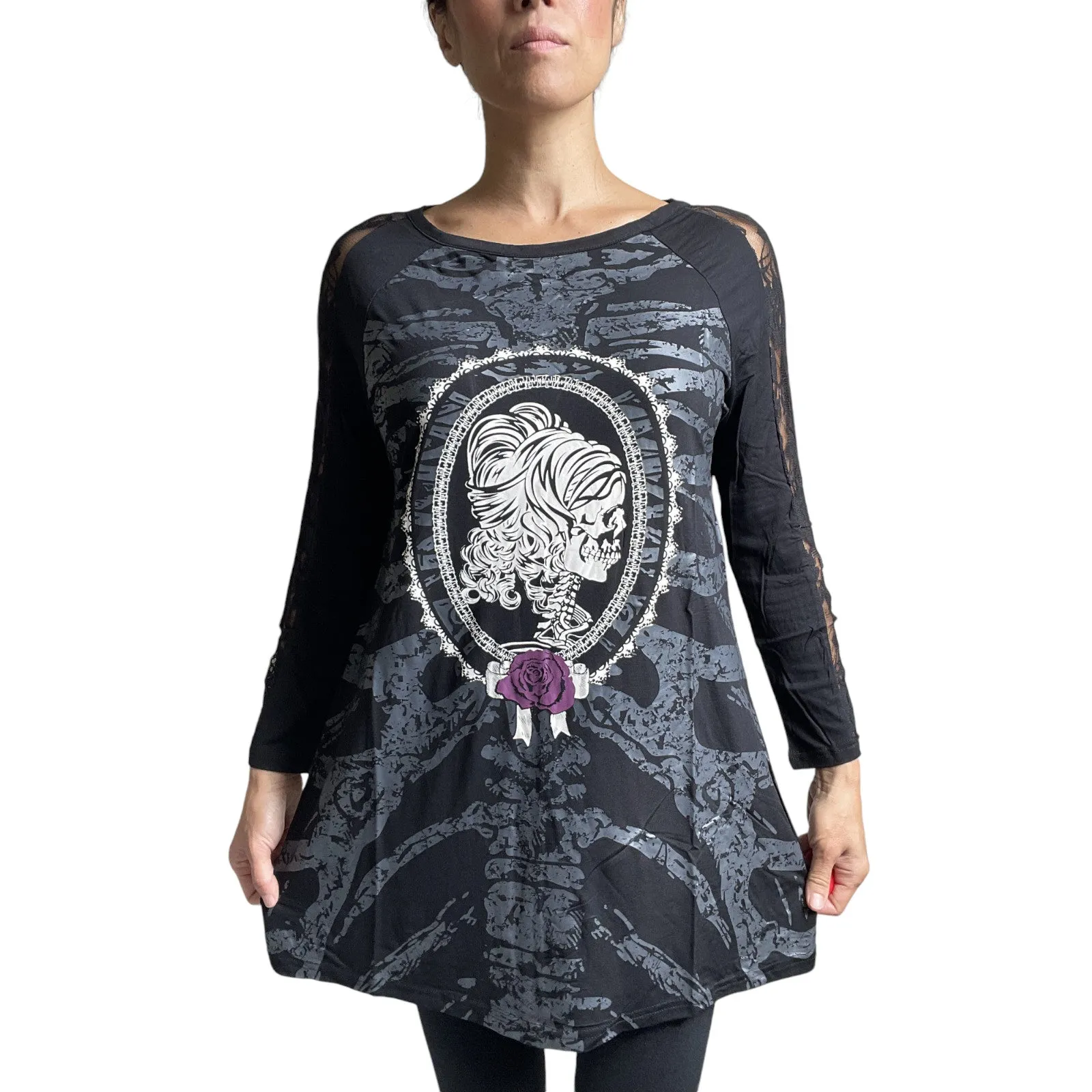 Lost Queen Gothic Skeleton Ribcage with Skull Lady Print Flared Long Sleeve Top