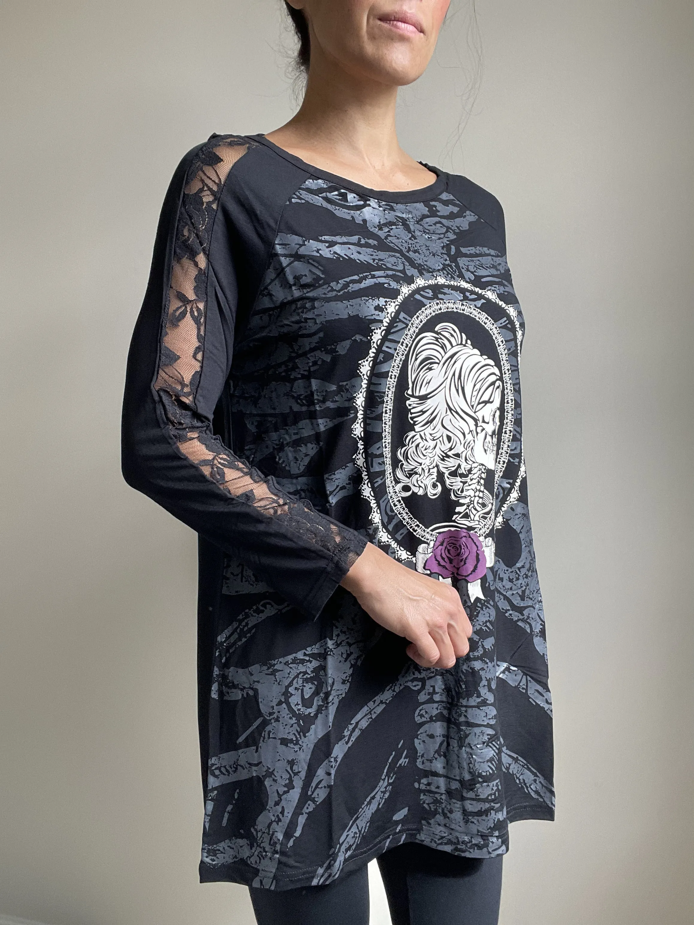 Lost Queen Gothic Skeleton Ribcage with Skull Lady Print Flared Long Sleeve Top
