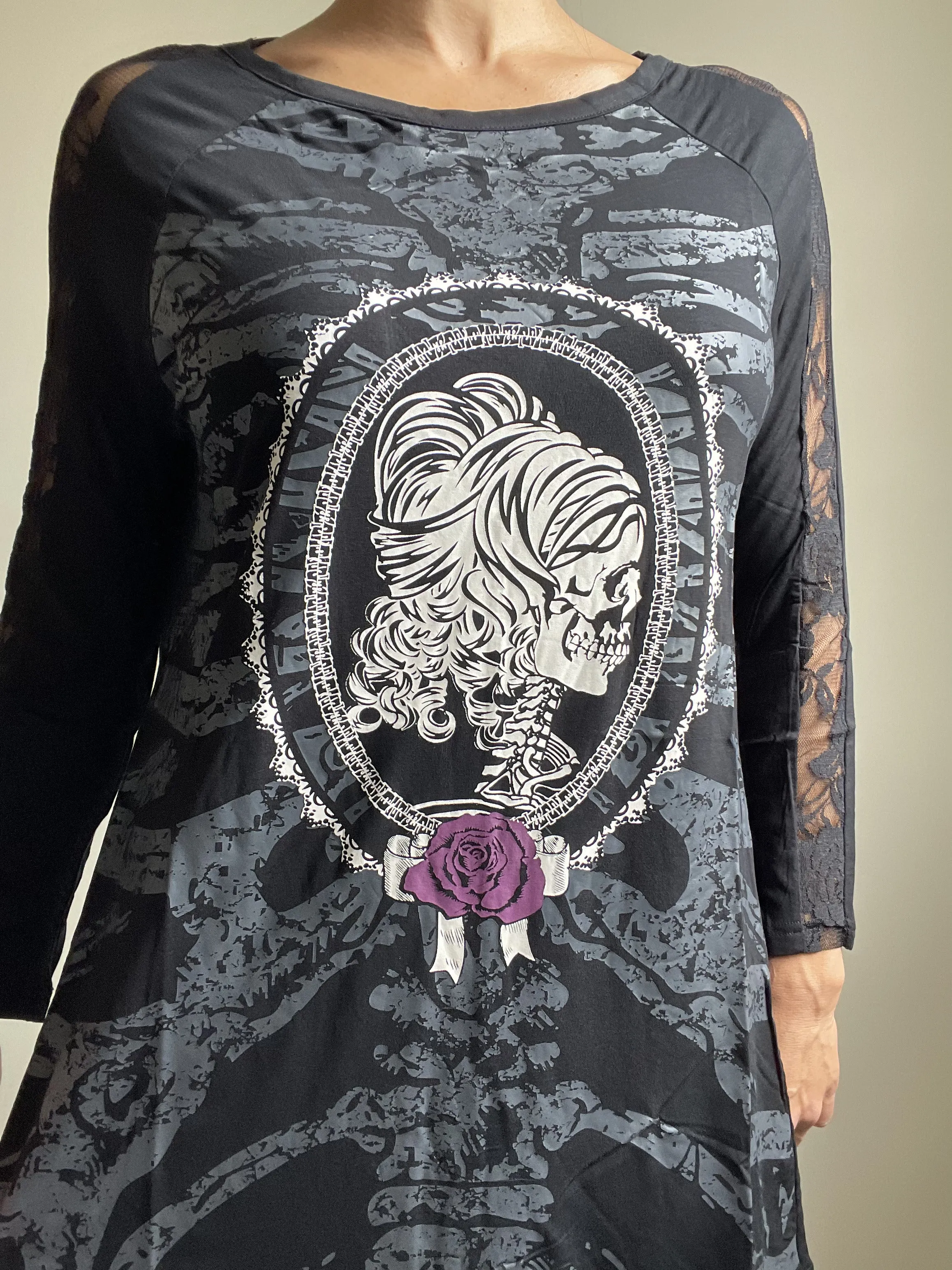 Lost Queen Gothic Skeleton Ribcage with Skull Lady Print Flared Long Sleeve Top