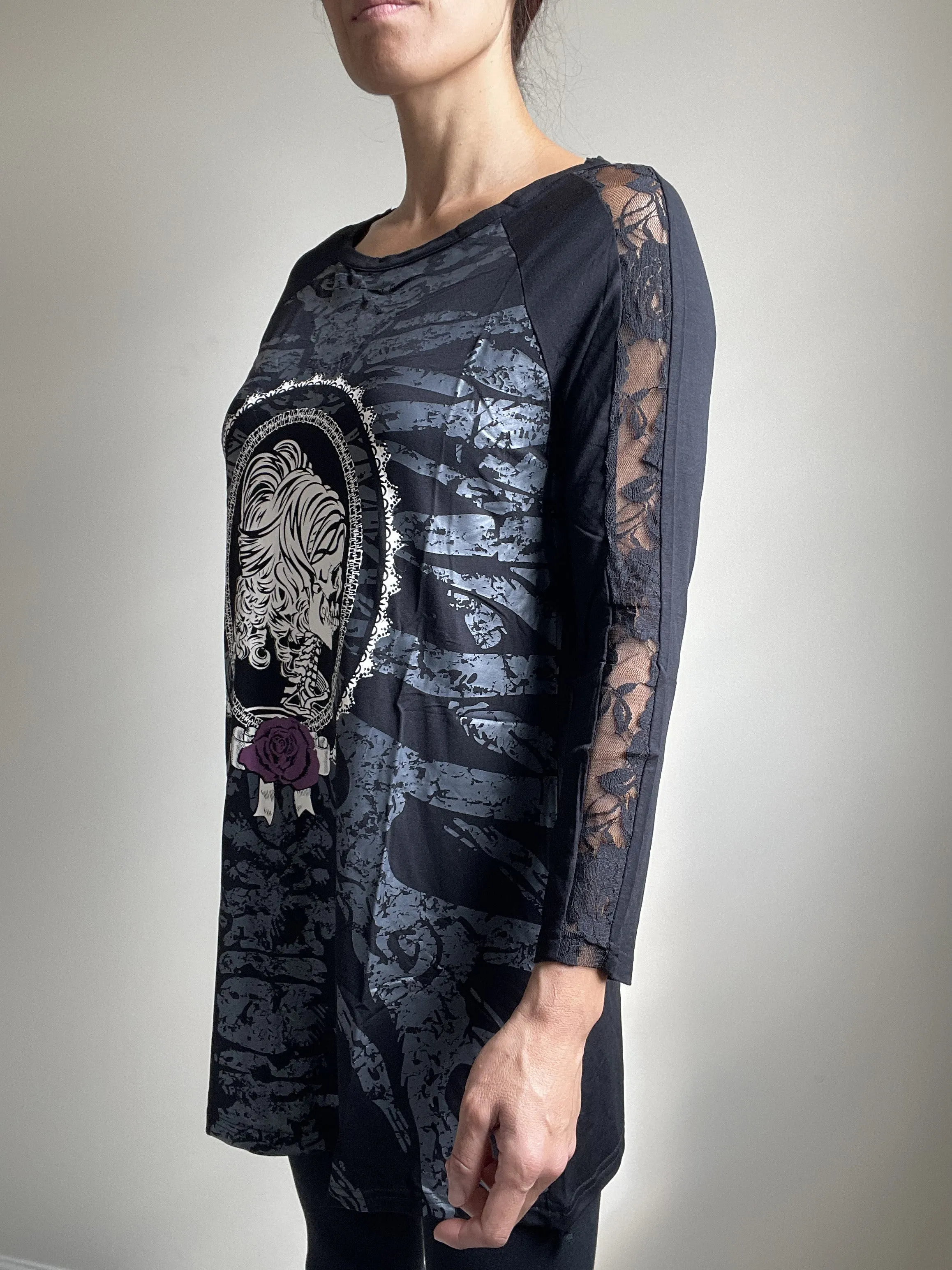 Lost Queen Gothic Skeleton Ribcage with Skull Lady Print Flared Long Sleeve Top