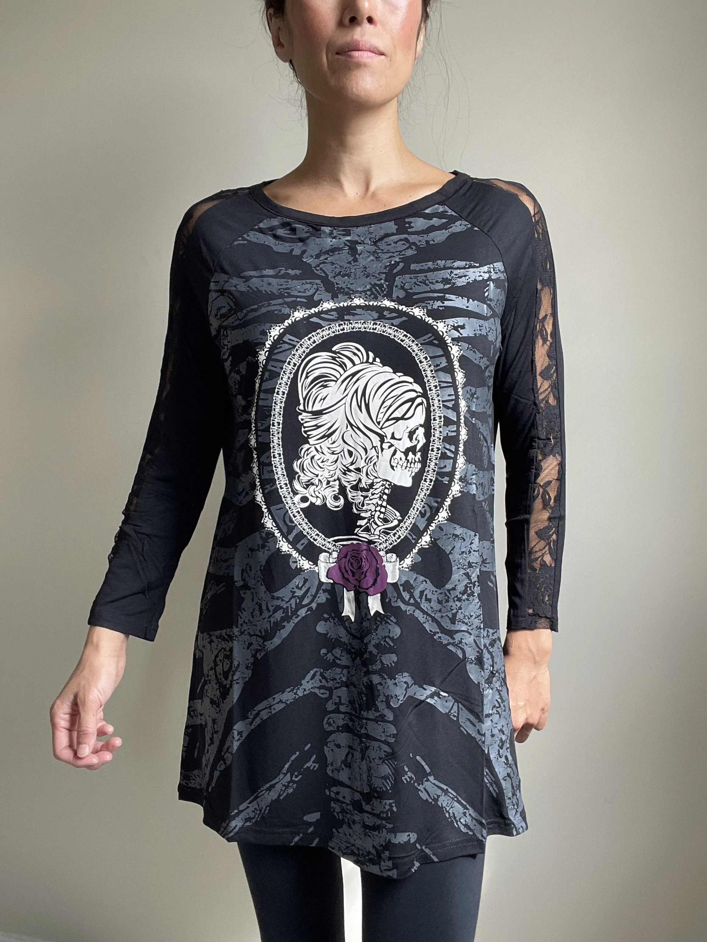 Lost Queen Gothic Skeleton Ribcage with Skull Lady Print Flared Long Sleeve Top