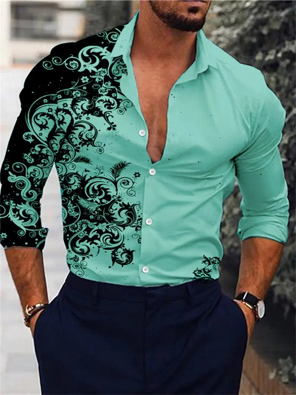 Men's Pink Fashion Shirt Hawaii Party New Men's Long Sleeve Button Collar Shirt Slimming Fashion Elegant Men's T-shirt 6XL