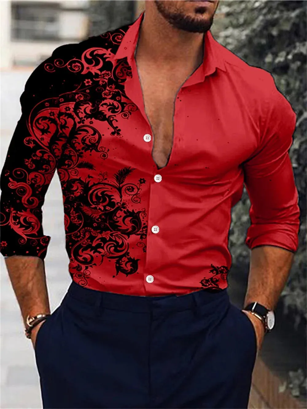 Men's Pink Fashion Shirt Hawaii Party New Men's Long Sleeve Button Collar Shirt Slimming Fashion Elegant Men's T-shirt 6XL