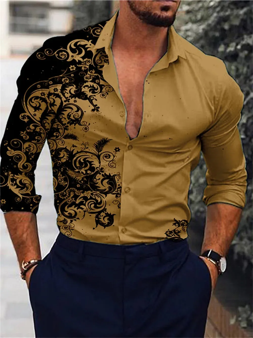 Men's Pink Fashion Shirt Hawaii Party New Men's Long Sleeve Button Collar Shirt Slimming Fashion Elegant Men's T-shirt 6XL