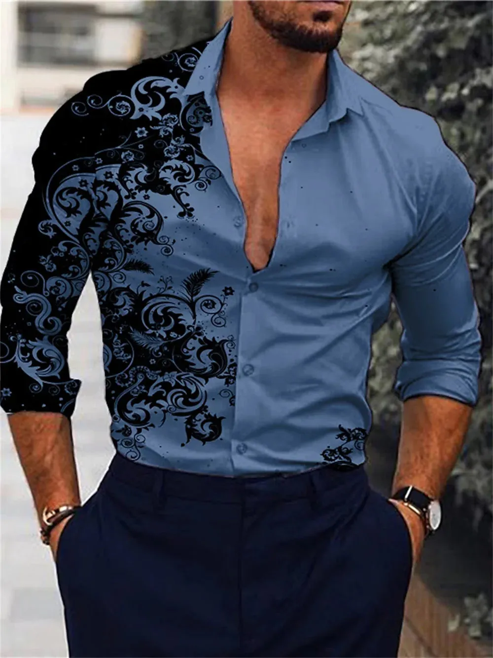 Men's Pink Fashion Shirt Hawaii Party New Men's Long Sleeve Button Collar Shirt Slimming Fashion Elegant Men's T-shirt 6XL