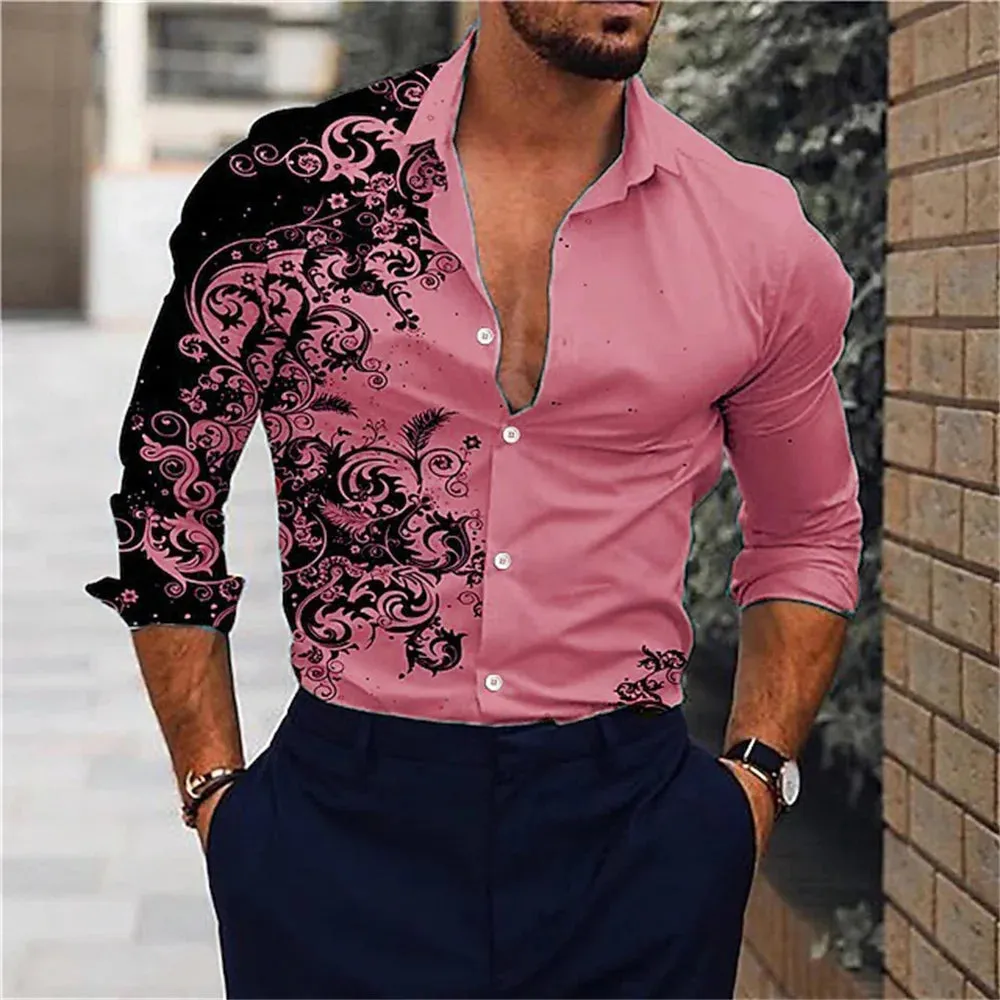 Men's Pink Fashion Shirt Hawaii Party New Men's Long Sleeve Button Collar Shirt Slimming Fashion Elegant Men's T-shirt 6XL