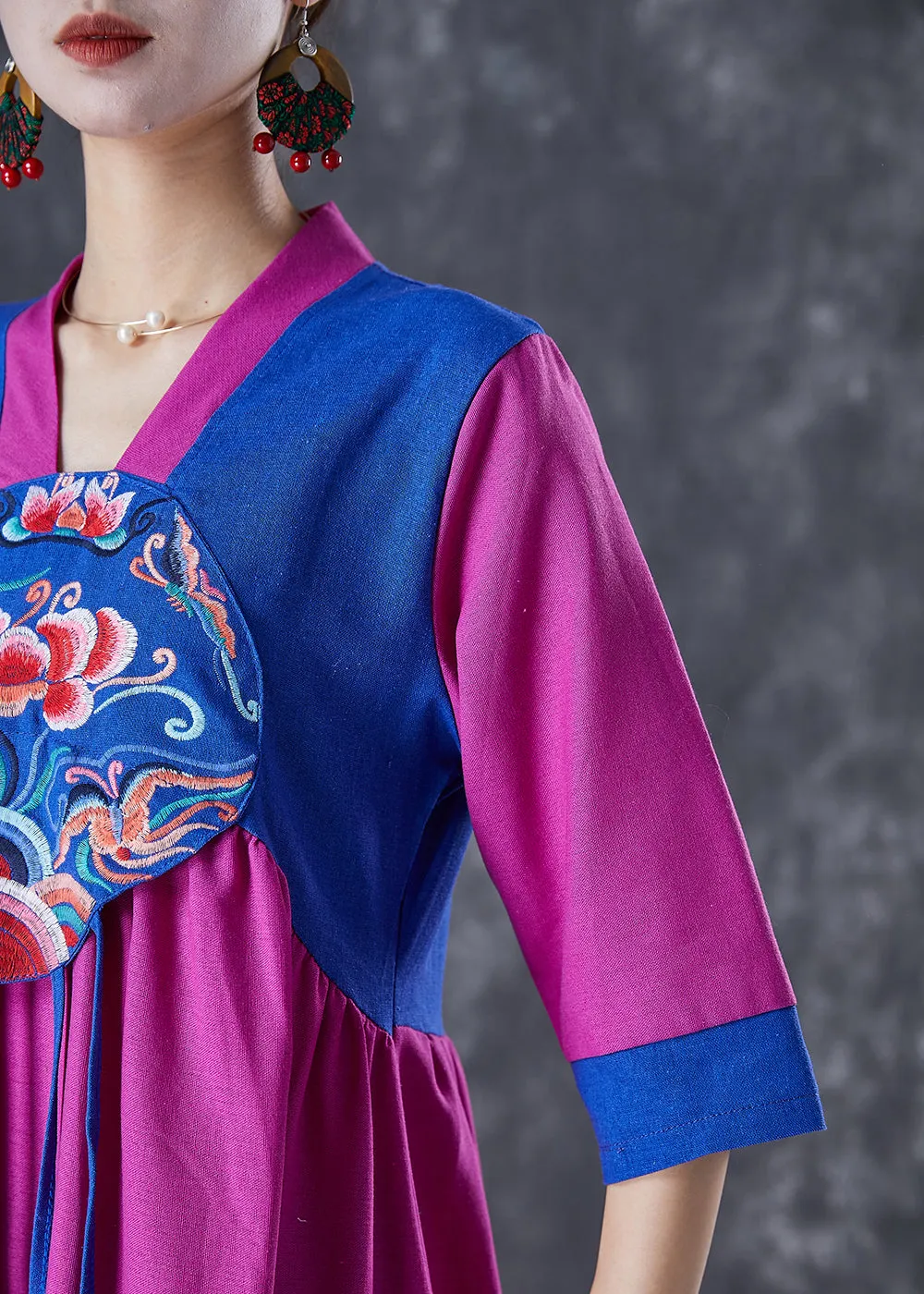 National Style Purple Red Embroideried Patchwork Tasseled Linen Dresses Summer LY7099