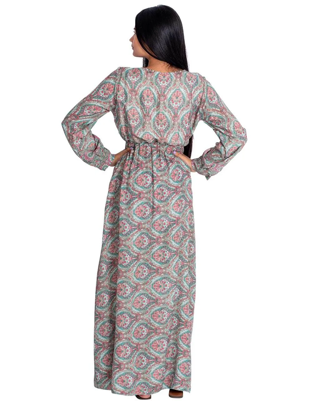 OS 0-16 Handcrafted Silk Blend Deep v maxi dress