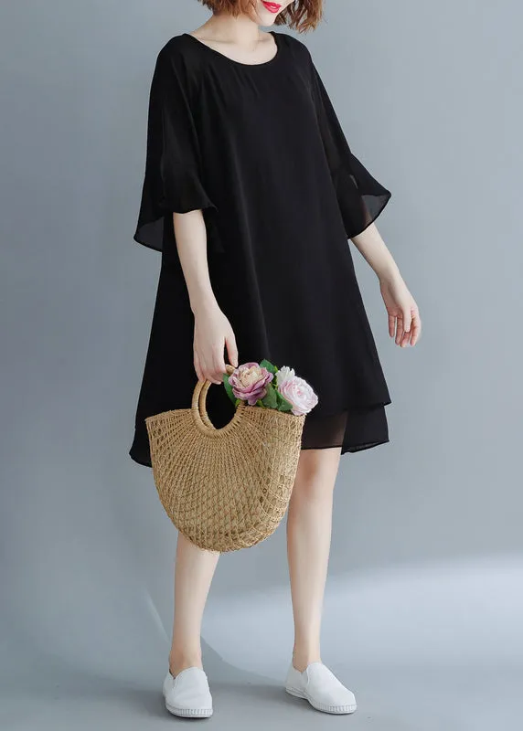 Plus Size Black O-Neck Chiffon Holiday Dresses flare sleeve
