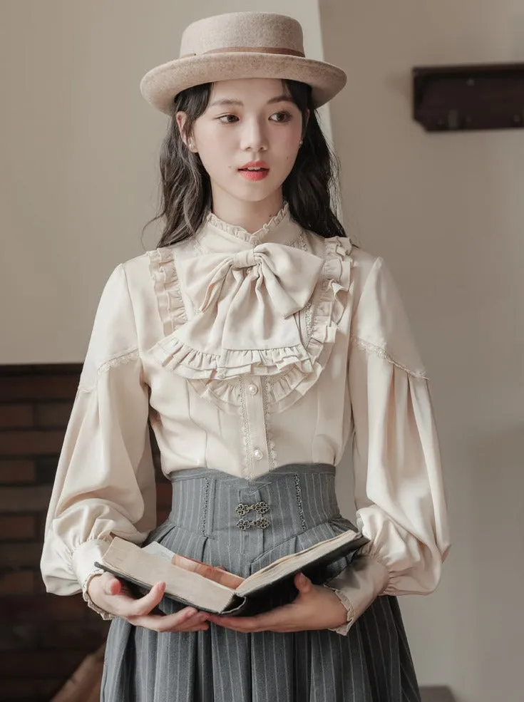 Ruffle   Blouse Striped Collar   Skirt Flared Retro Vest Dark