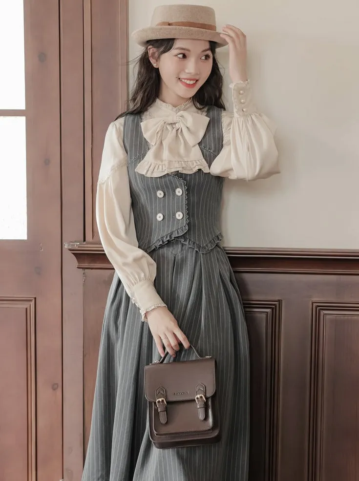 Ruffle   Blouse Striped Collar   Skirt Flared Retro Vest Dark