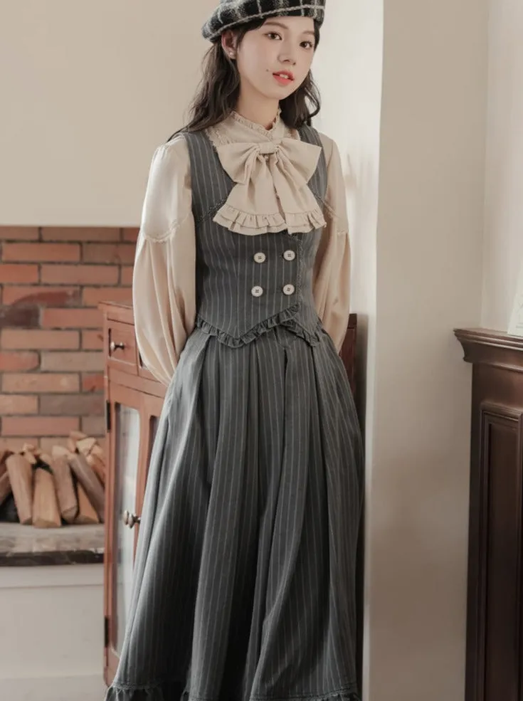 Ruffle   Blouse Striped Collar   Skirt Flared Retro Vest Dark