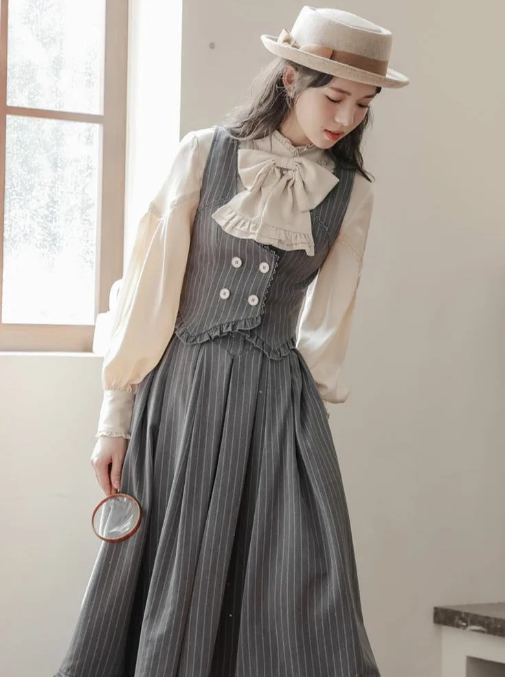Ruffle   Blouse Striped Collar   Skirt Flared Retro Vest Dark