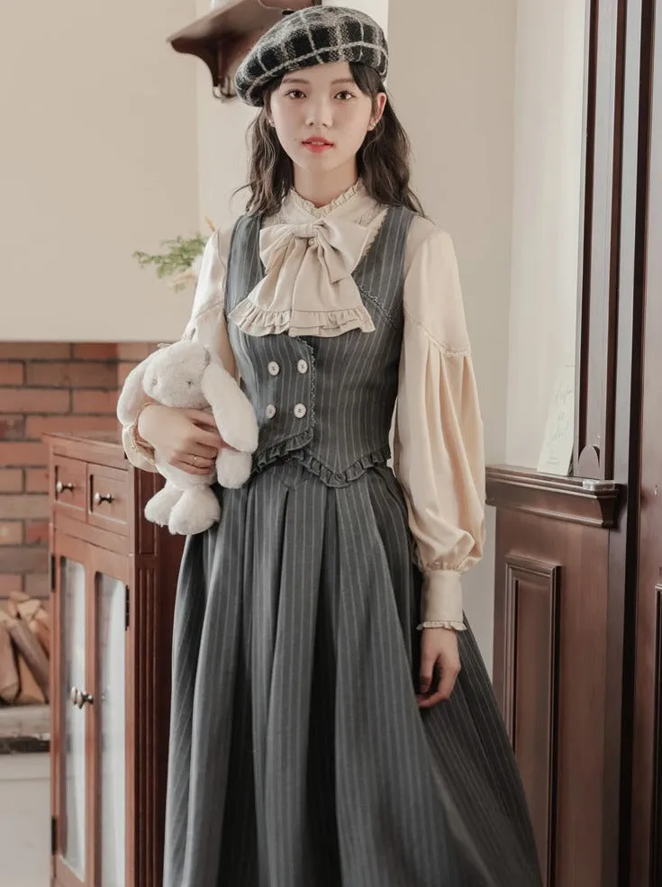 Ruffle   Blouse Striped Collar   Skirt Flared Retro Vest Dark