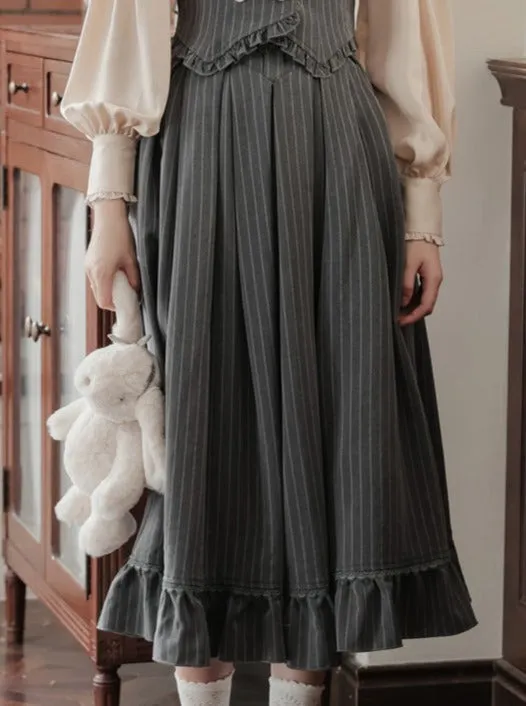 Ruffle   Blouse Striped Collar   Skirt Flared Retro Vest Dark