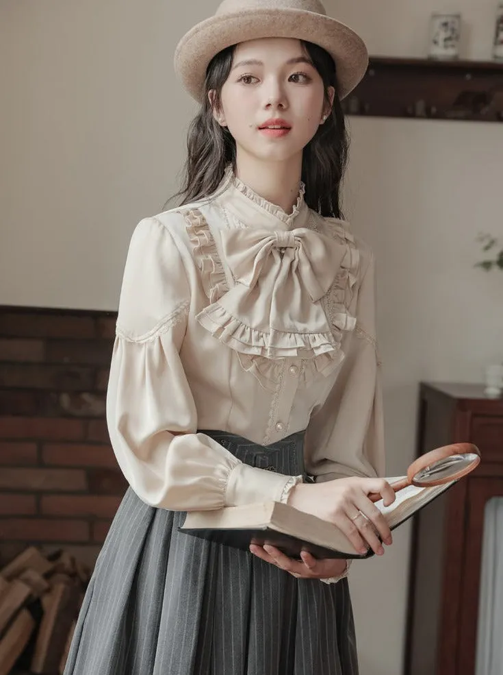 Ruffle   Blouse Striped Collar   Skirt Flared Retro Vest Dark
