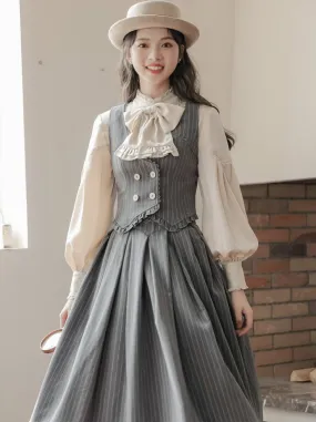 Ruffle   Blouse Striped Collar   Skirt Flared Retro Vest Dark