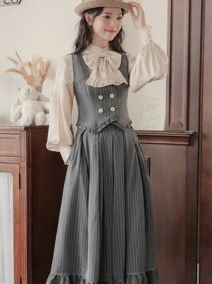 Ruffle   Blouse Striped Collar   Skirt Flared Retro Vest Dark