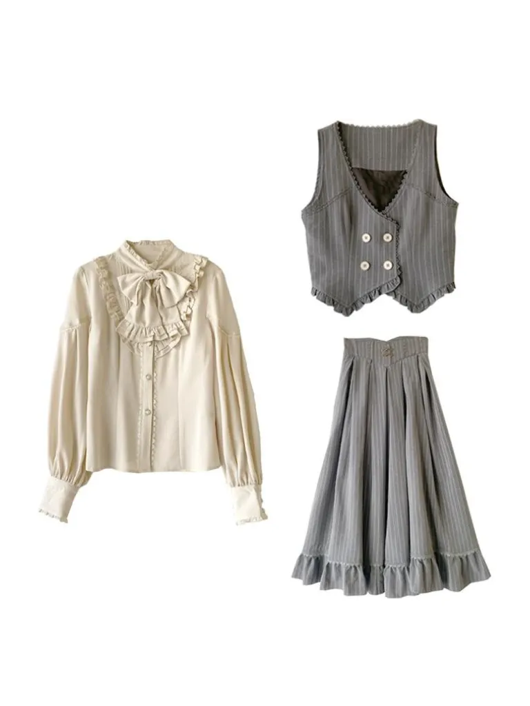 Ruffle   Blouse Striped Collar   Skirt Flared Retro Vest Dark
