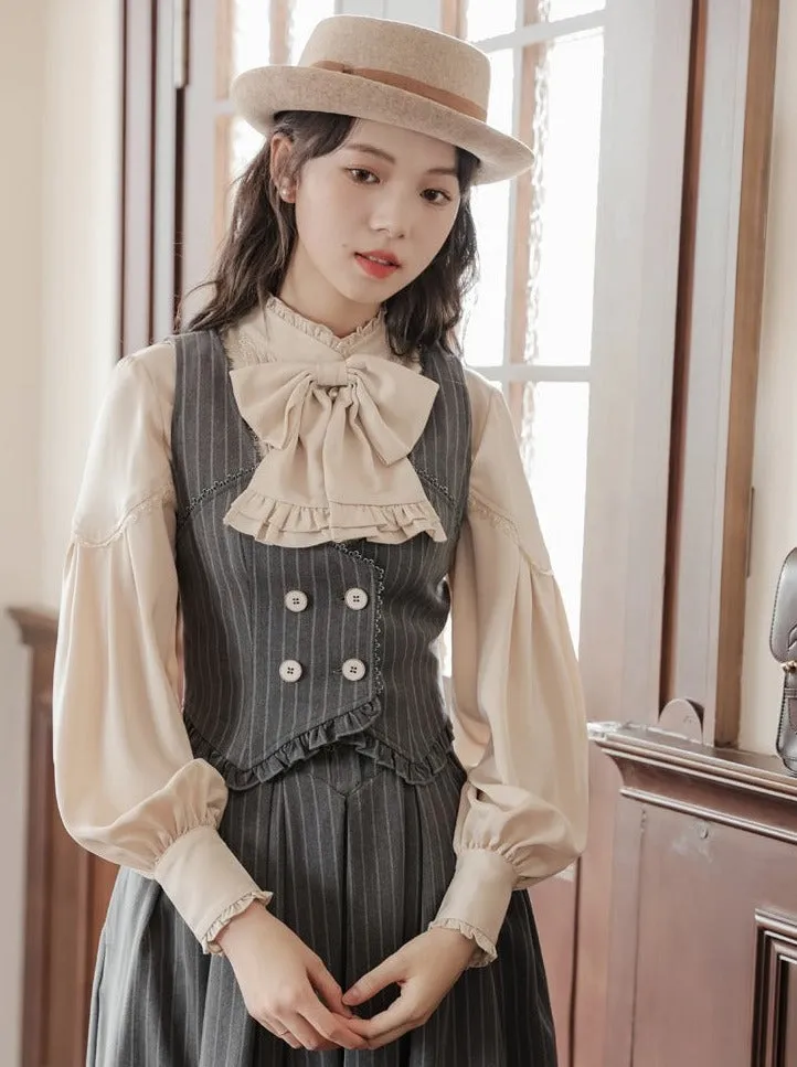 Ruffle   Blouse Striped Collar   Skirt Flared Retro Vest Dark