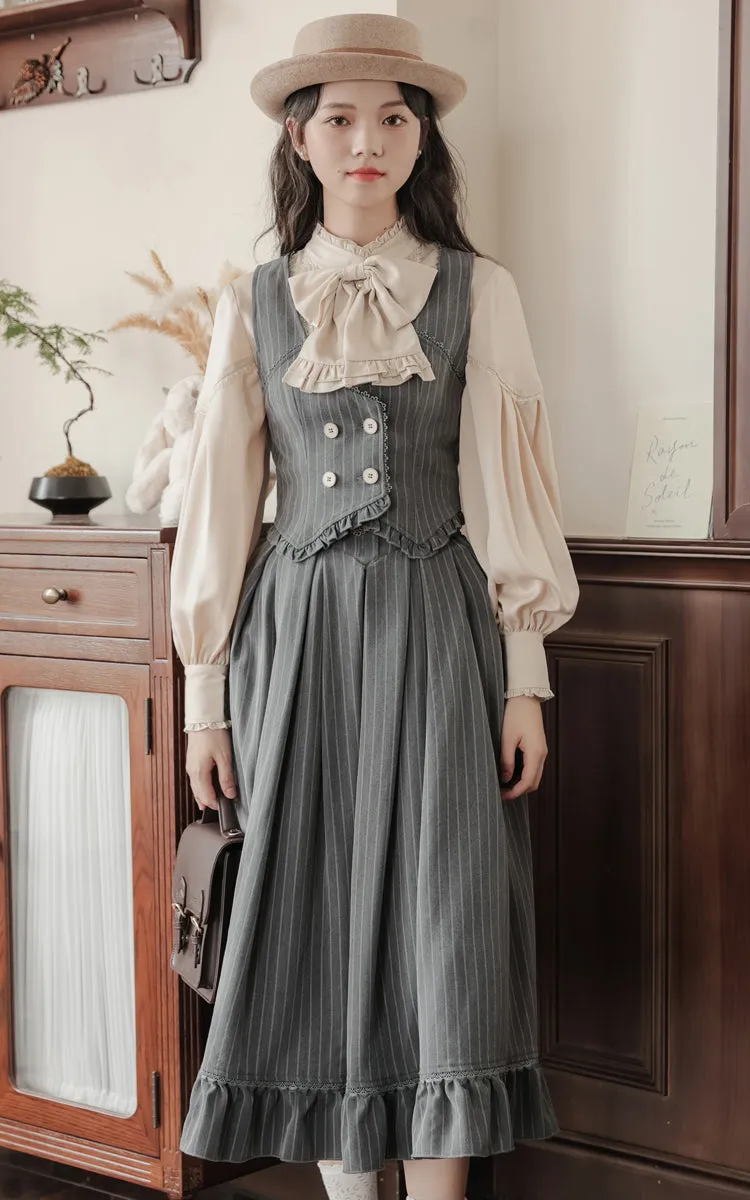Ruffle   Blouse Striped Collar   Skirt Flared Retro Vest Dark