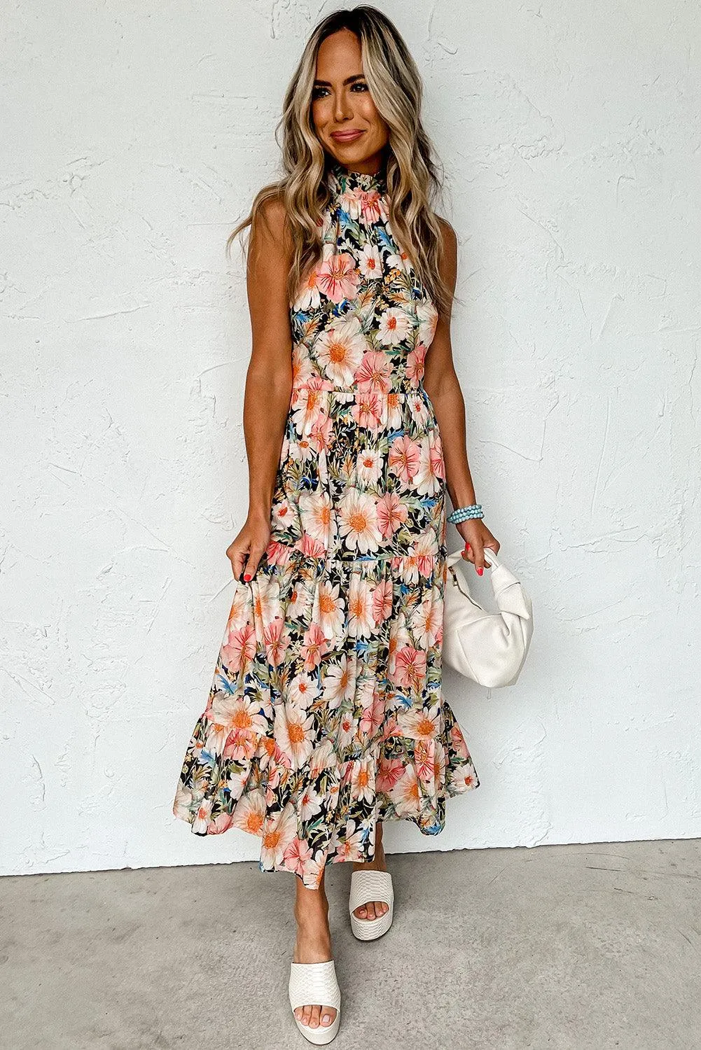 Salmon Boho Floral Halter Ruffled Dress