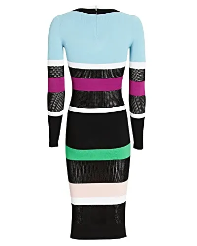 Sergio Hudson, Long Sleeve Fishnet-Paneled Viscose Knit Midi Dress, S, Multicolor