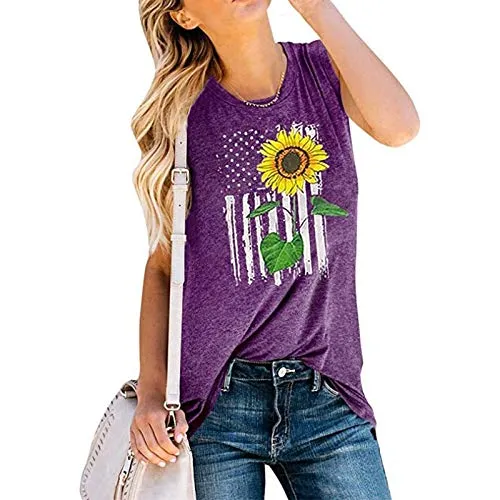 Women Sunflower American Flag Tank Tops Sunflower Graphic Shirt