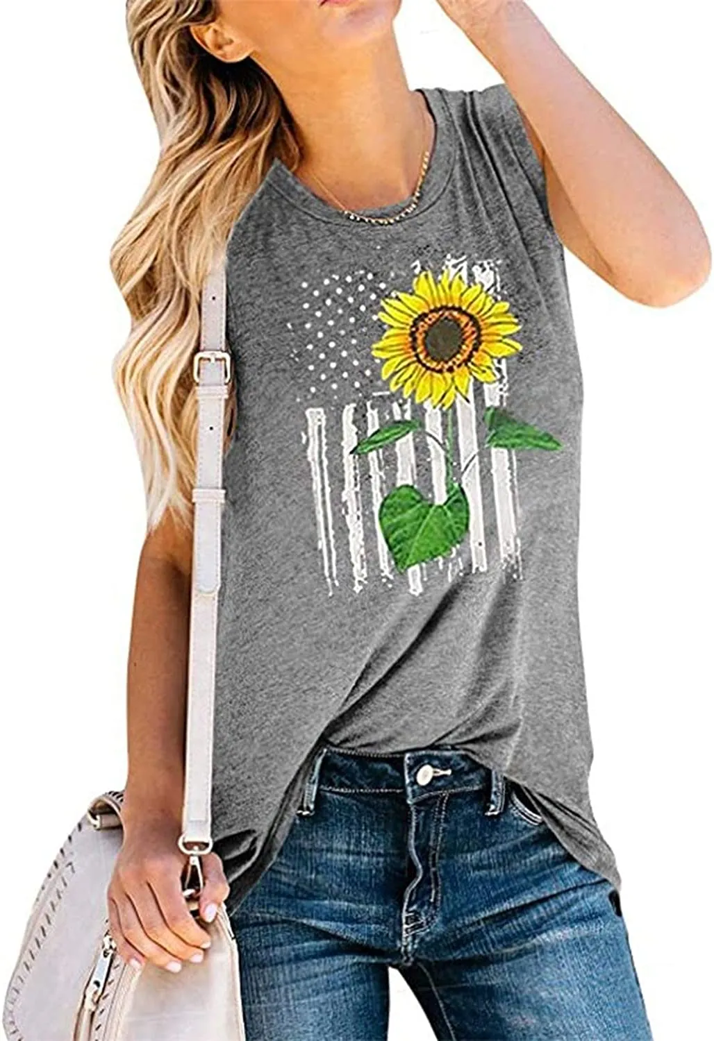 Women Sunflower American Flag Tank Tops Sunflower Graphic Shirt