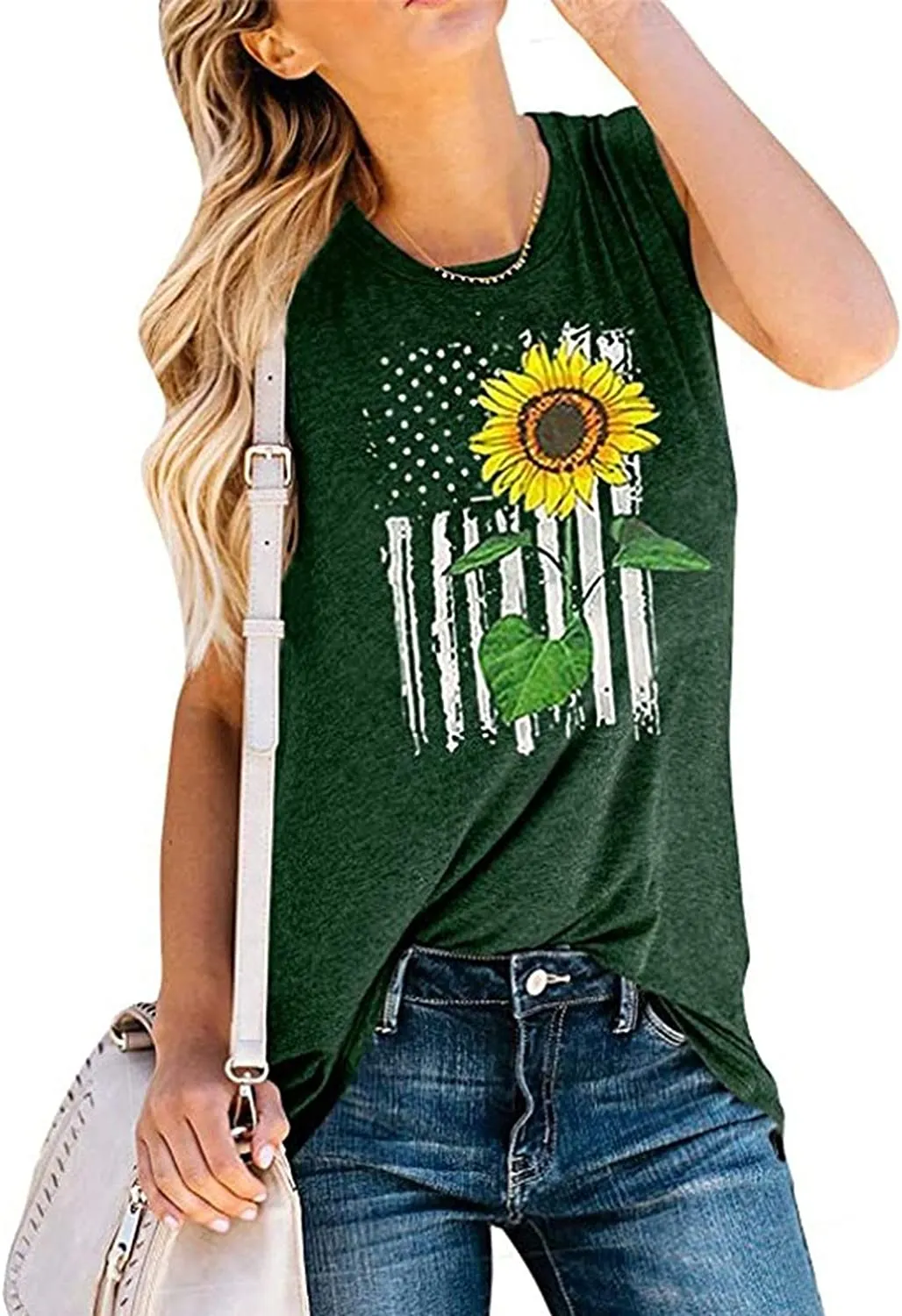 Women Sunflower American Flag Tank Tops Sunflower Graphic Shirt